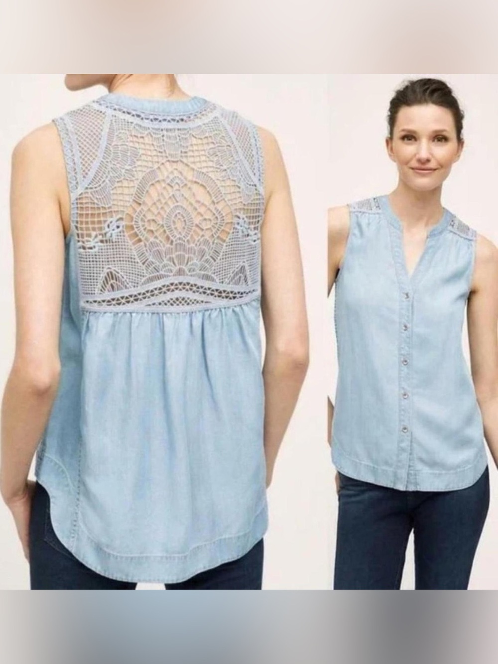 Holding Horses Sleeveless Light Blue Lace-Yoke Chambray Top